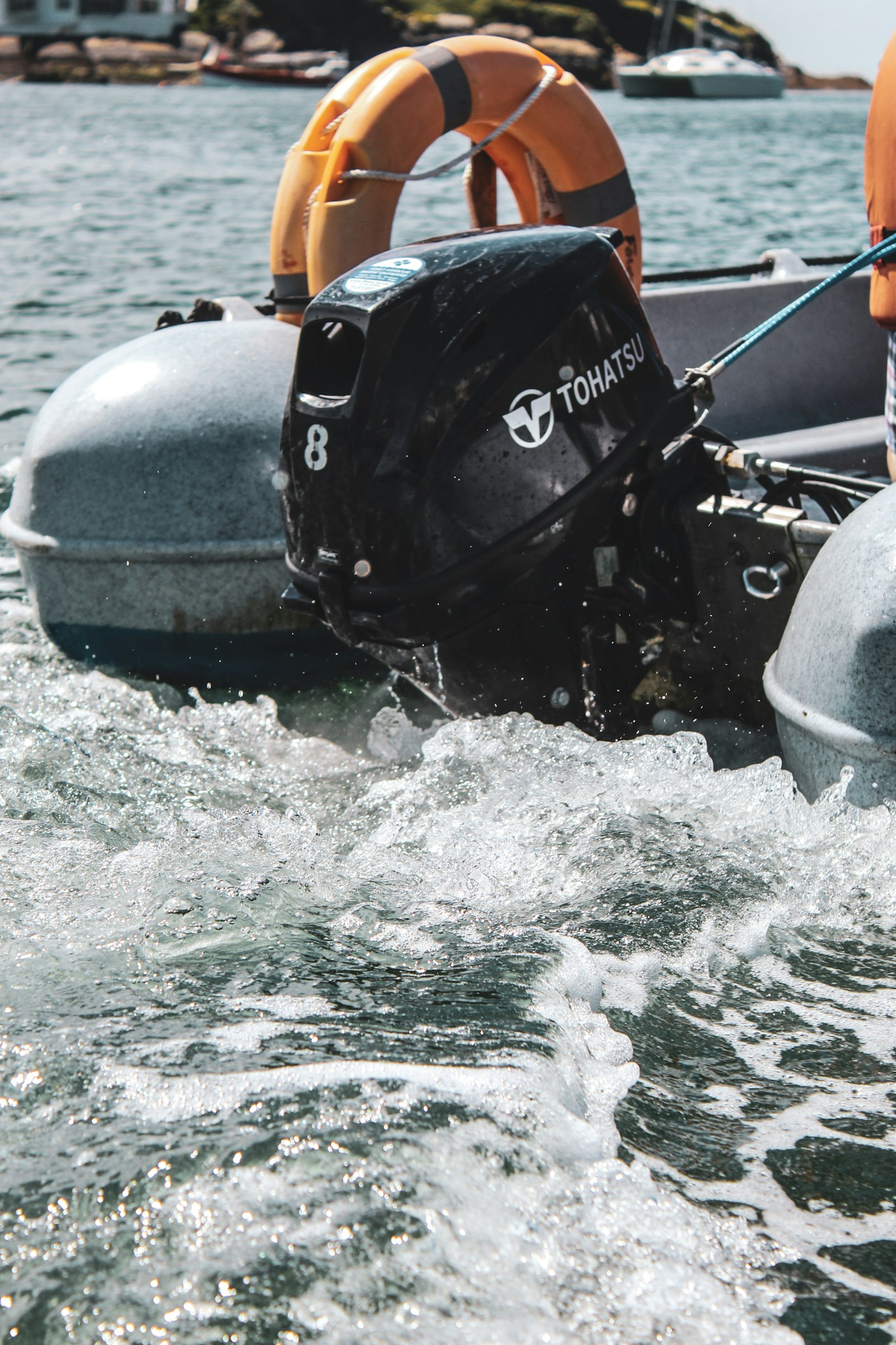 Outboard engine running at speed in spray