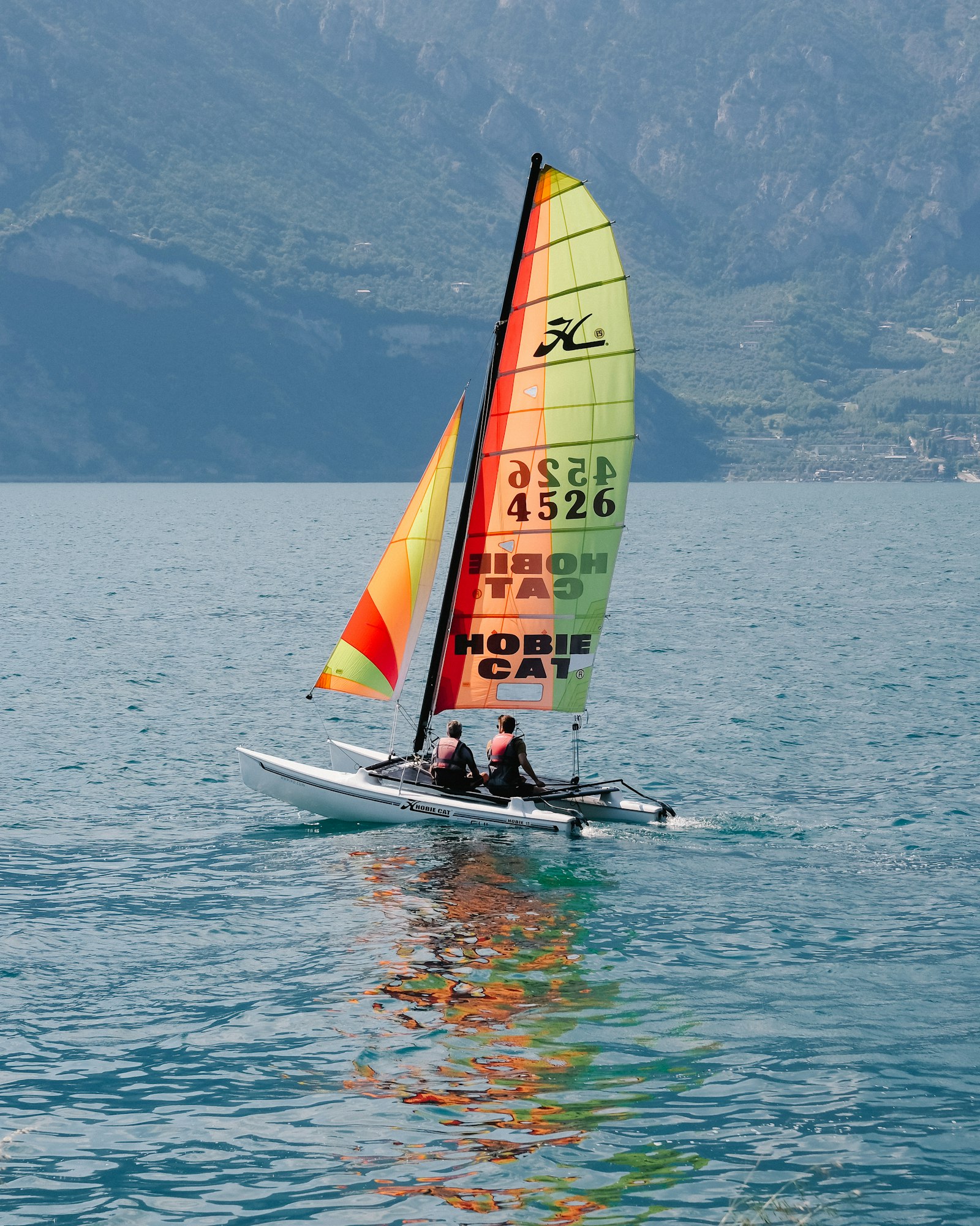 A brightly-sailed catamaran on calm water