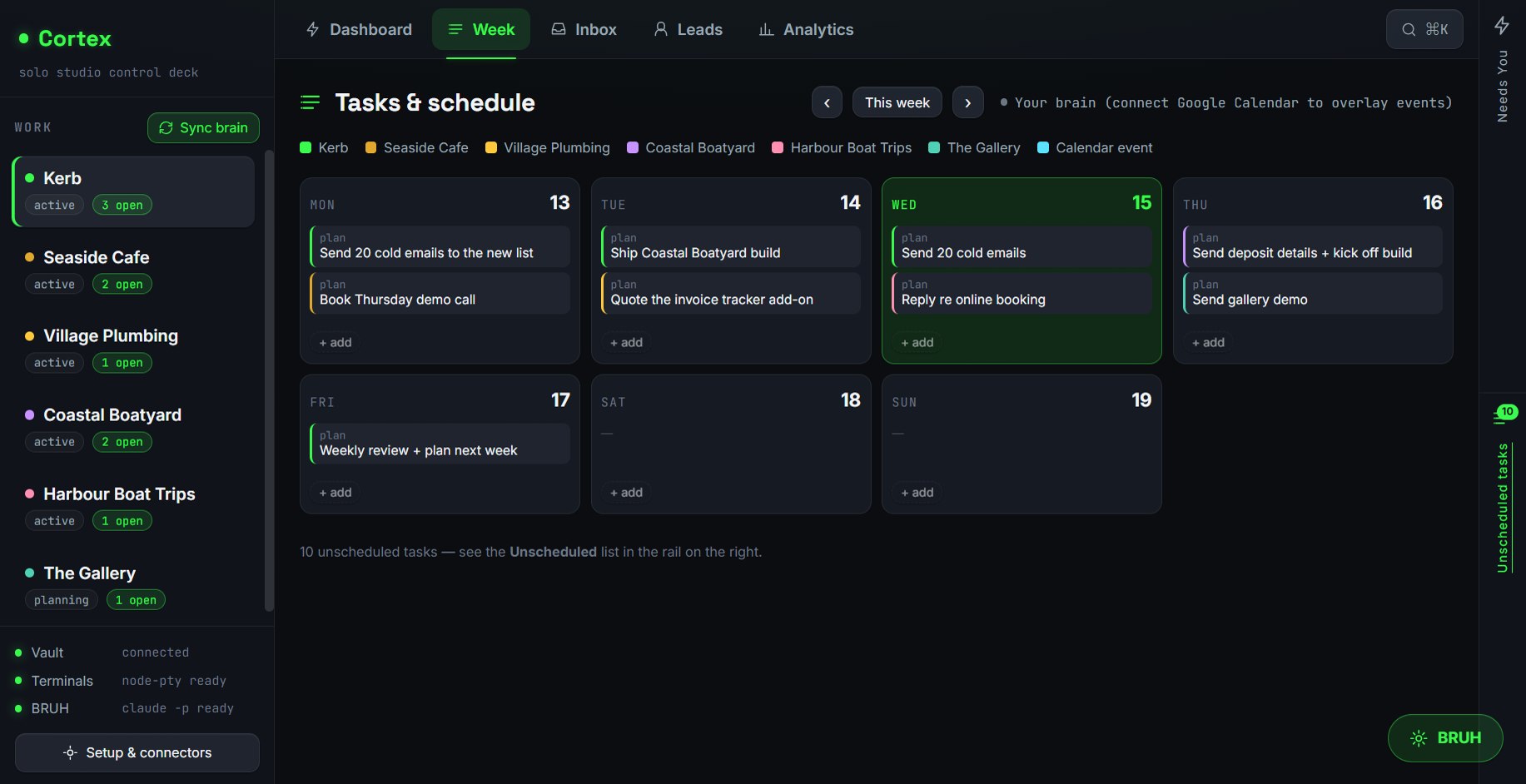 Cortex tasks and schedule - a colour-coded week with jobs dropped onto each day